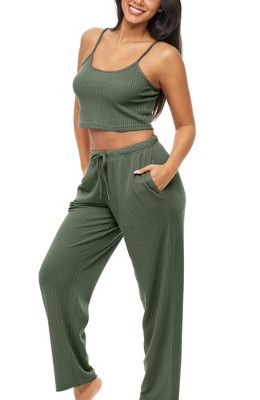 Adr Women's Ribbed Knit Pajamas Set Set With Pockets, Cami Top And Pajama  Thermal Underwear Pants Green X Large : Target