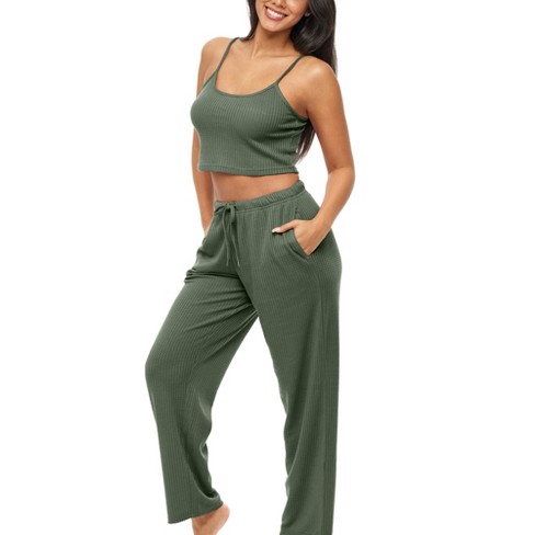 Adr Women's Ribbed Knit Pajamas Set Set With Pockets, Cami Top And Pajama  Thermal Underwear Pants Green X Large : Target