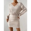 Womens V Neck Dress Ribbed Knit Long Sleeve High Waist Bodycon Mini Dress - 2 of 4