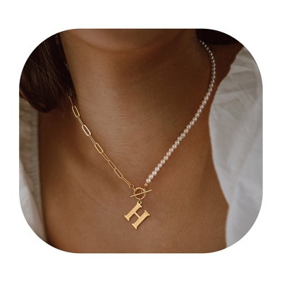 Turandoss 18K Gold Initial Pearl Necklace for Women Girls, Paperclip Link Chain Necklace, Letter Choker Necklaces, Gold Jewelry for Women, 14+2Inches
