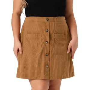 Agnes Orinda Women's Plus Size High Waist Button Front with Pocket Mini Corduroy A-Line Skirt - 1 of 4