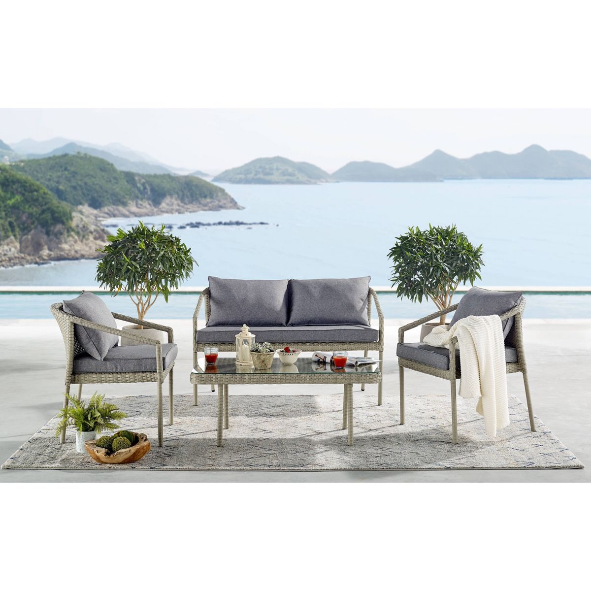 All-Weather Wicker Windham Outdoor Coffee Table with Glass Top Gray - Alaterre Furniture - thumbnail 8