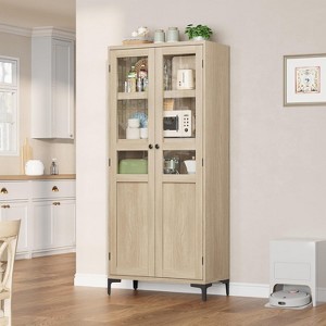 63 Inch 5 Tier Bathroom Tall Storage Cabinet with Glass Doors and Adjustable Shelves, Kitchen Pantry Cabinet for Dining Room, Bathroom Natural - 1 of 4