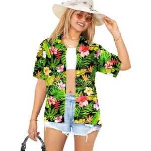 HAPPY BAY Women's Button Down Blouses Floral Beach Party Blouse Shirt Summer Short Sleeve Vacation Button Up Casual Hawaiian Shirts - 1 of 4