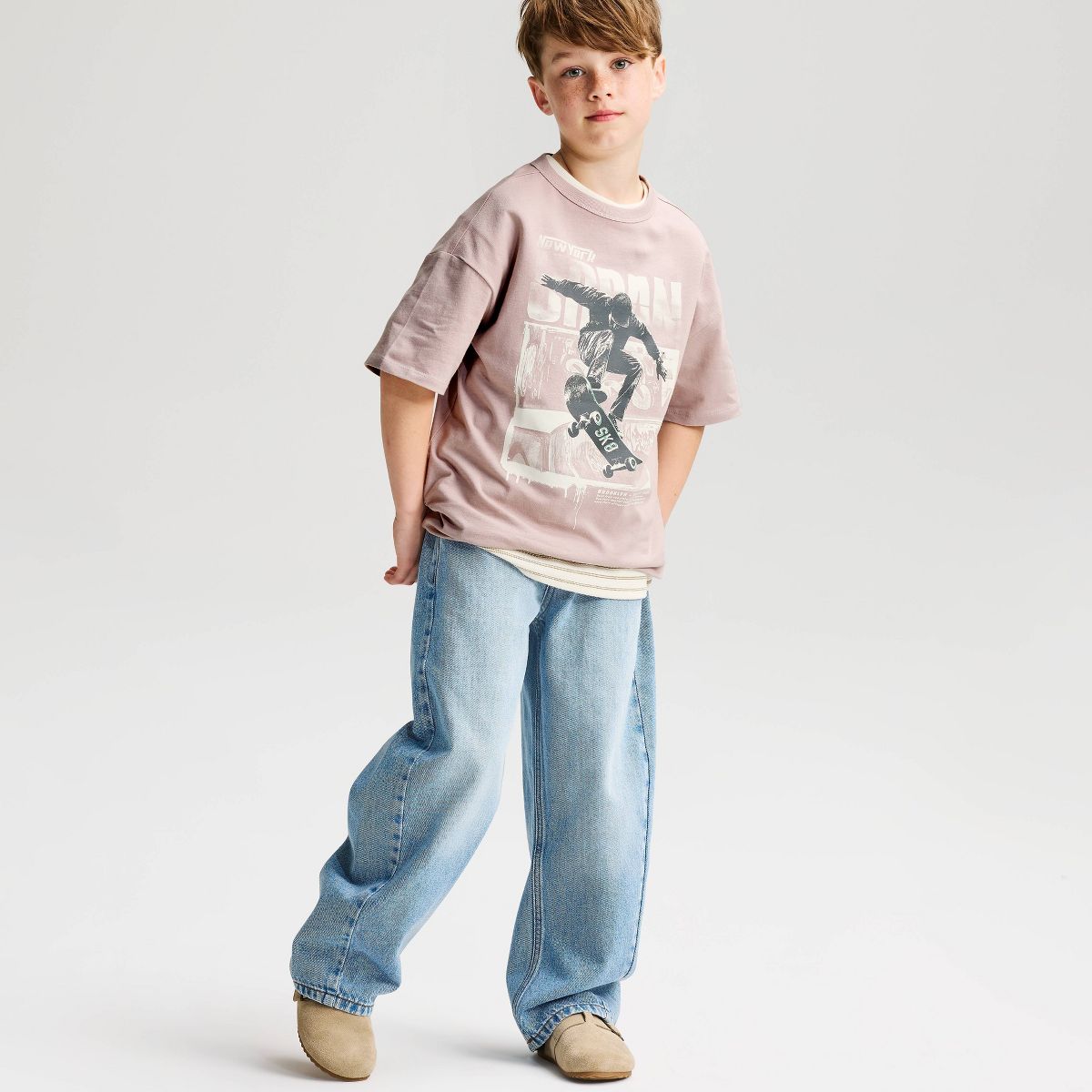 Boys' Short Sleeve 100% Cotton Skateboard Oversized Graphic T-Shirt - Cat & Jack™ Light Mauve - thumbnail 2