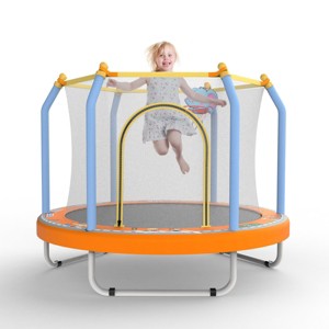 INFURNIC Trampolines Kids Indoor Outdoor Trampoline with Safety Net and Basketball Hoop for Active Play, Orange, 55"*55"*44" - 1 of 4
