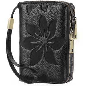 Hachikiko Women's RFID Blocking Double Zip Around Wristlet Wallet - Medium Size Soft Pebble Leather Credit Card Holder, 16 Card Slots, Black - 1 of 4