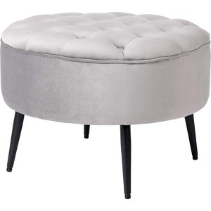 BirdRock Home Tufted Round Ottoman - Velvet Foot Stool - Grey - 1 of 3