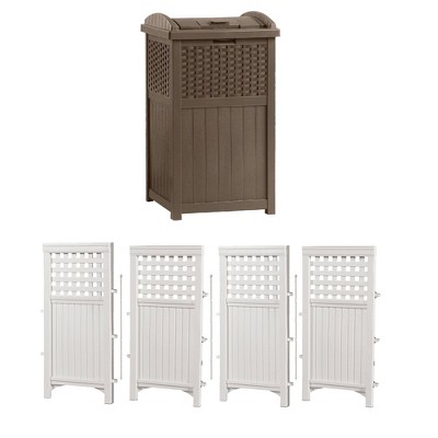 Suncast Trash Hideaway Outdoor Patio 33 Gallon Trash Can Bin, 1 Java and 1  Taupe