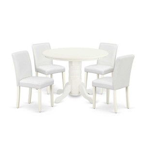 HomeStock 5-Piece Round Linen White Finish Solid Wood Top Dining Table with 4-Parson Chair - 1 of 4