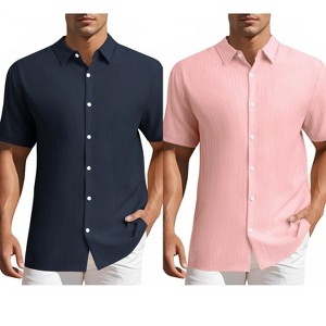 INSPIRE CHIC Men's Summer Point Collar Short Sleeves Button Down Linen Shirts 2 Packs - 1 of 4