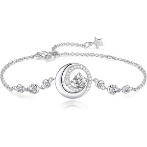 Moon & Star Birthstone Bangle, Sterling Silver Adjustable Charm Bracelet, Birthday Anniversary Christmas Gift for Women - 1 of 4