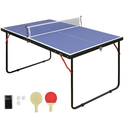 DSVIMOY Portable Ping Pong Table, 4ft Compact Foldable Table Tennis Table Set with Net, 2 Paddles & 3 Balls for Indoor Outdoor, Blue, 54"*30"*27"