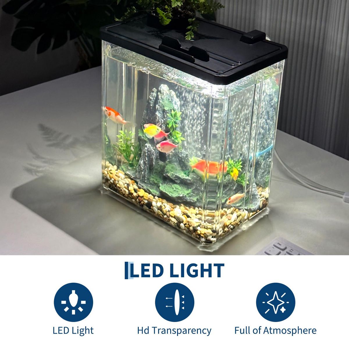 2.5 Gallon Small Fish Tank Kit, Betta Fish Tank with LED Light, Air Pump, Lid, Hydroponic Cup, 7 Pcs Plastic Fish Tank Starter Kits for Beta Fish, Go - thumbnail 6