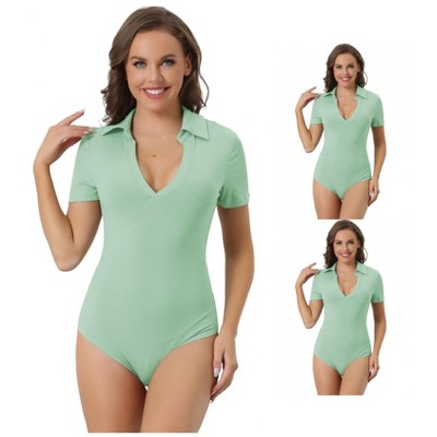 INSPIRE CHIC Women's Ribbed Lapel Deep V-neck Short-Sleeves Stretchy Briefs Bodysuit 3 Packs