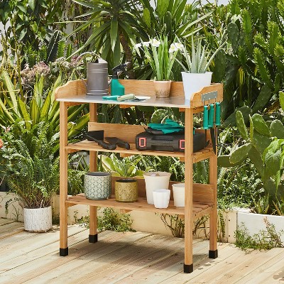 Natural Wood Outdoor Potting Bench with Storage Shelves