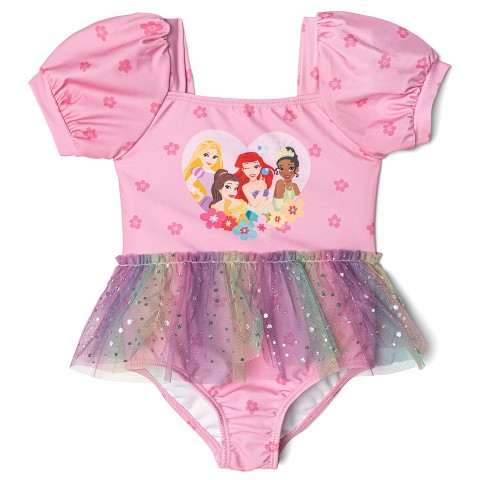 Disney Princess Little Girls Square Neck Mesh Tutu One Piece Bathing Suit Dress UPF 50+ Pink / Rainbow 7-8