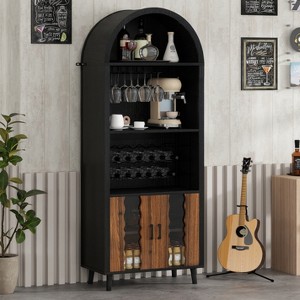 ORRD 71" Farmhouse Arched Bar Cabinet with Wine Rack & Glass Holder, Tall Liquor Storage Cabinet for Living or Dining Room - 1 of 4