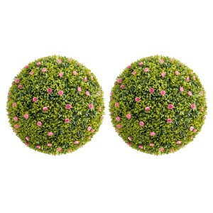Artificial  Topiary Ball, Decorative Artificial Boxwood Balls with Flowers, Indoor Outdoor Faux Greenery for Fake Plants for Home Decor - 1 of 4