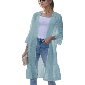 Amaryllis Women's Long Sheer Duster Cardigan with Swiss Dot Texture and Ruffle Hem Layering Piece - 1 of 4