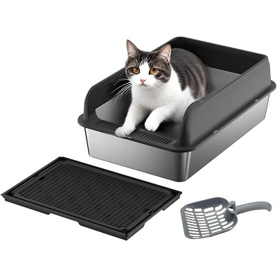 Stainless Steel Cat Litter Box 6" Deep with Lid, Large Non-Stick Cat Box for Big Cats, Easy to Clean with Double Layer Litter Mat & Scoop