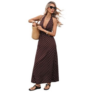 Women's Polka Dot Halter Maxi Dress Deep V-Neck Beach Vacation Resort Dress,LCoffee  : Target
