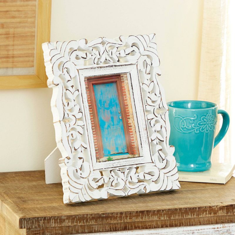 Mango Wood Scroll Handmade Intricate Traditional Carved 1 Slot Photo Frame White - Olivia & May, 2 of 7