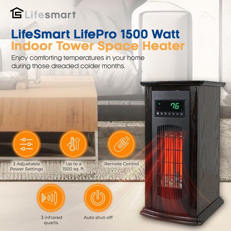 LifeSmart LifePro 1500W Infrared Quartz Indoor Home Tower Space Heater with Adjusting Temperatures and Remote Controls, Black, 3 of 8