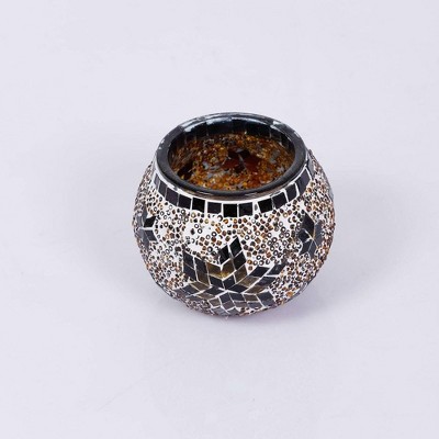 Handmade Ecru and Brown Mosaic Glass Votive Candle Holder