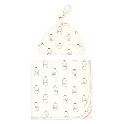 Touched by Nature Unisex Baby Organic Cotton Swaddle Blanket and Cap, Milk, 0-6 Months