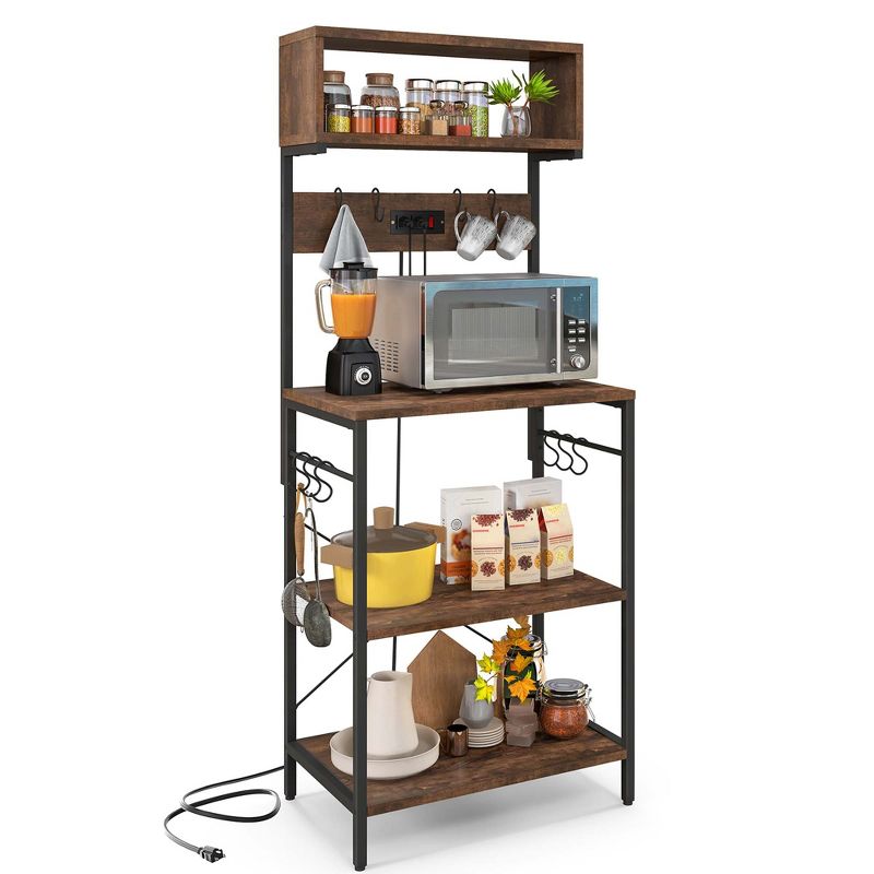 Costway Kitchen Bakers Rack 60'' Microwave Stand with Power Outlet Open Shelves & Hooks, 1 of 11