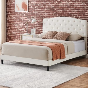 Bed Frame with Adjustable Button Tufted Headboard, Faux Leather Upholstered Platform Bed, Wooden Slats Support,No Box Spring Needed - 1 of 4