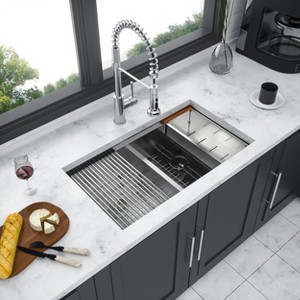 Gulches Modern Farmhouse 50/50 Double Bowl Undermount Workstation Sink, 16G T304 Stainless Steel, 33"x19" - 1 of 4