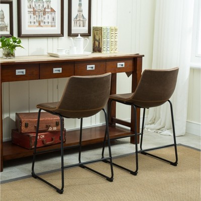 Antique Brown Leather and Metal Counter Height Stools, Set of 2