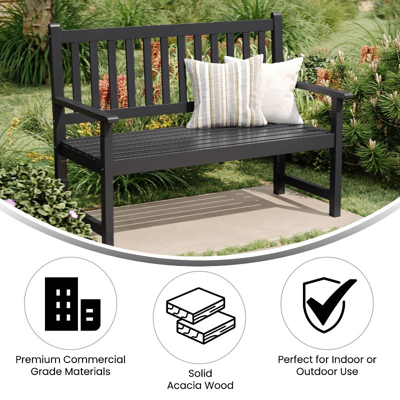 Flash Furniture Adele Commercial Grade Indoor/Outdoor Patio Acacia Wood Bench, 2-Person Slatted Seat Loveseat for Park, Garden, Yard, Porch, 3 of 10
