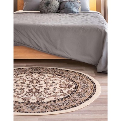 Ivory and Black Round Synthetic Stain-Resistant Area Rug