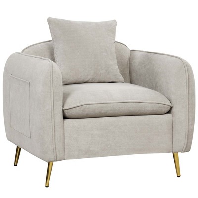 Costway Chenille Velvet Accent Chair Upholstered Armchair with Storage Pockets & Pillow