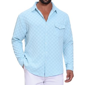 Men's Casual Solid Pocket Long Sleeve Button Down Plaid Textured Shirt - 1 of 4