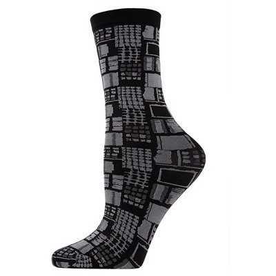 Natori Woven Geometric Solid Cuff Crew Sock Black One Size Fits Most