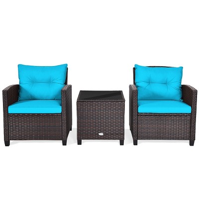 Tangkula 3PCS Wicker Cushioned Conversation Set Outdoor Rattan Furniture w/Beige/Red/Black/Navy/Off White/Turquoise  Cushions