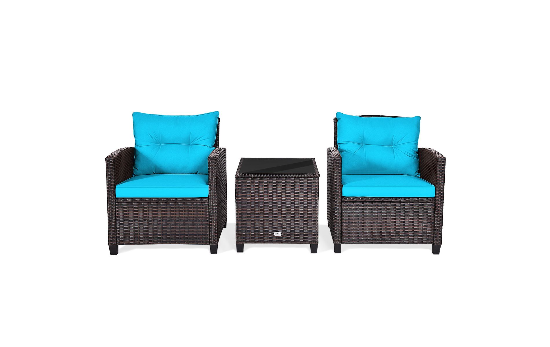 Tangkula 3PCS Wicker Cushioned Conversation Set Outdoor Rattan Furniture w/Turquoise Cushions