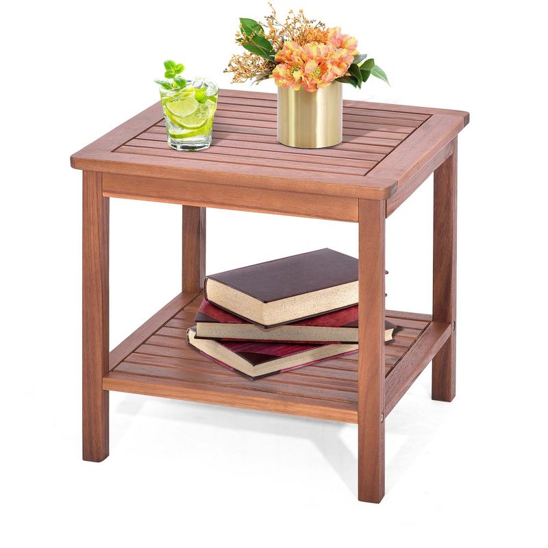 Costway Patio Acacia Wood Side Table 2-Tier Square End Table Porch Poolside Natural, 1 of 10