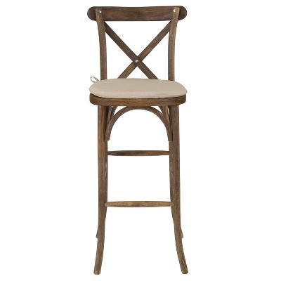 Antique Dark Brown Ash Wood Barstool with Burlap Cushion