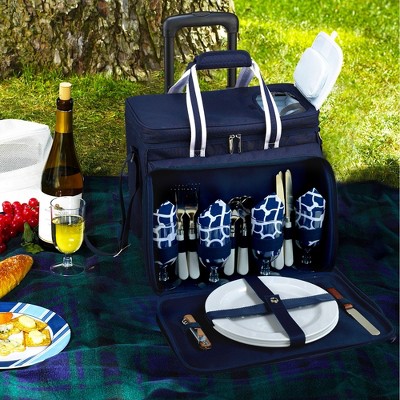 Blue Insulated Rolling Picnic Cooler with Service for Four