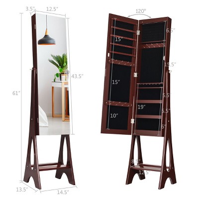 Chic Reddish Brown LED Jewelry Cabinet with Full-Size Mirror