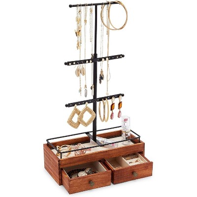 Farmlyn Creek 2-Pack Wooden Jewelry Display Stand with 3 Tiers and Drawers (9.6 x 4.5 x 20 In)