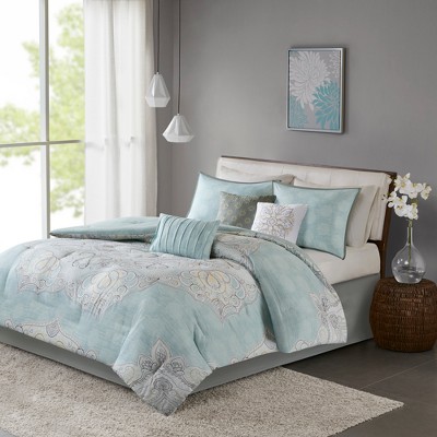 Blue Leslie Reversible Cotton Sateen Comforter Set (Queen) 7pc