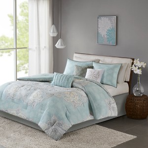 Blue Leslie Reversible Cotton Sateen Comforter Set (Queen) 7pc, Green