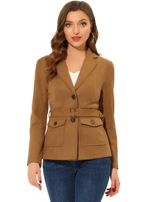 INSPIRE CHIC Women's Faux Suede Belted Lapel Single Breasted Work Outwear Blazer