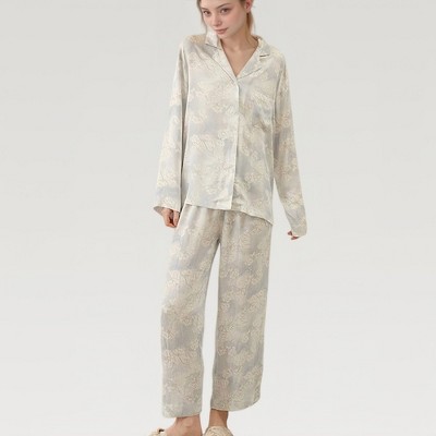 Anna-Kaci Lounge Women's Satin Floral Pajama Set with Button-Up Long Sleeve Top and Relaxed Fit Pants